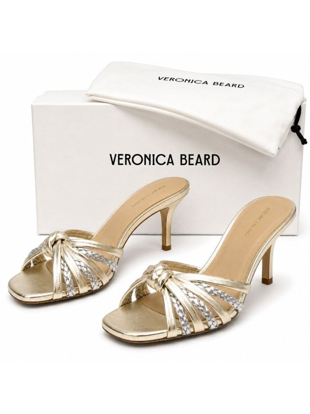 Veronica Beard Misa Knot Front Platinum Metallic Leather Heel Sandal Women's 5